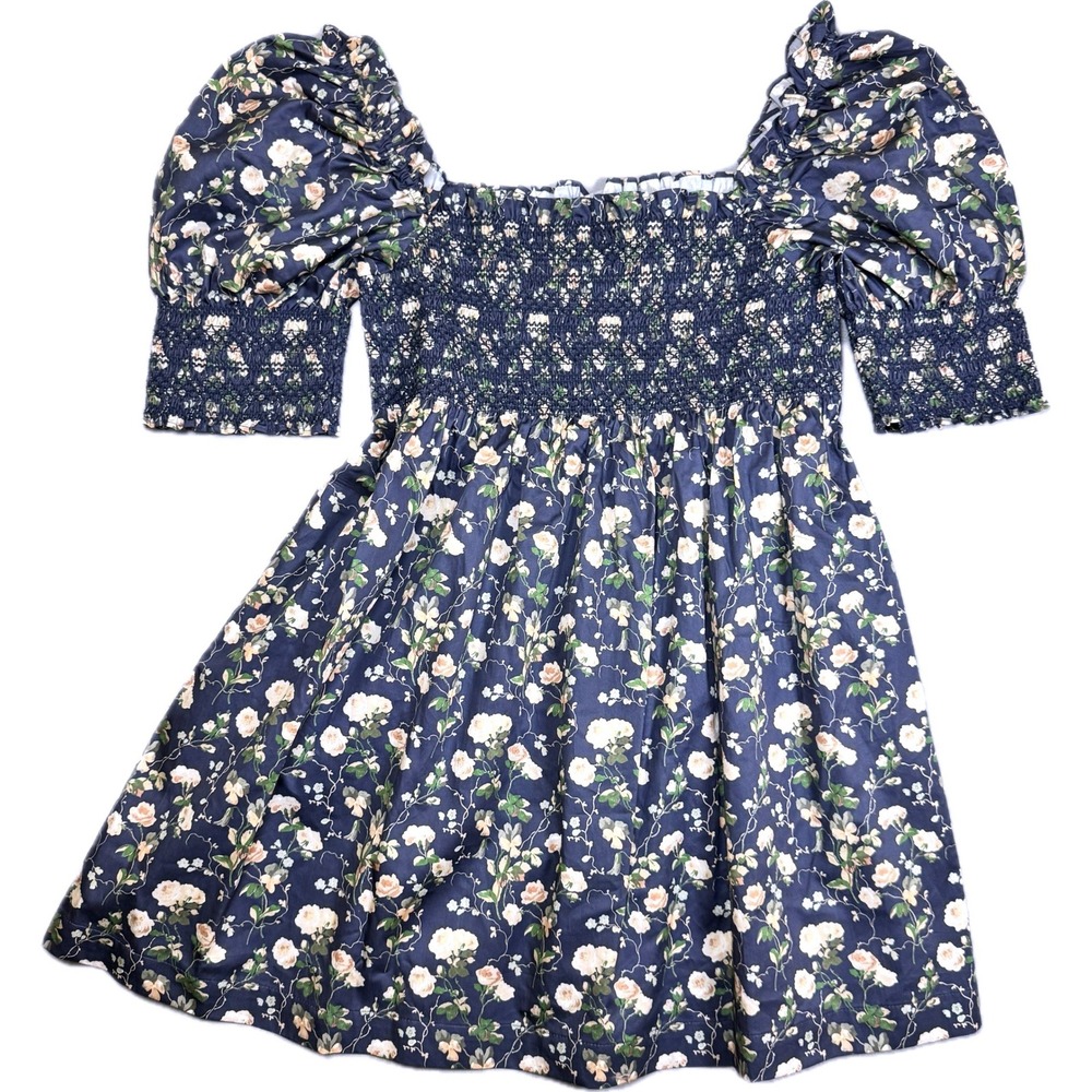 Hill House Home The Nap Dress Women L Blue Floral Smocked Puff Sleeve Coquette
